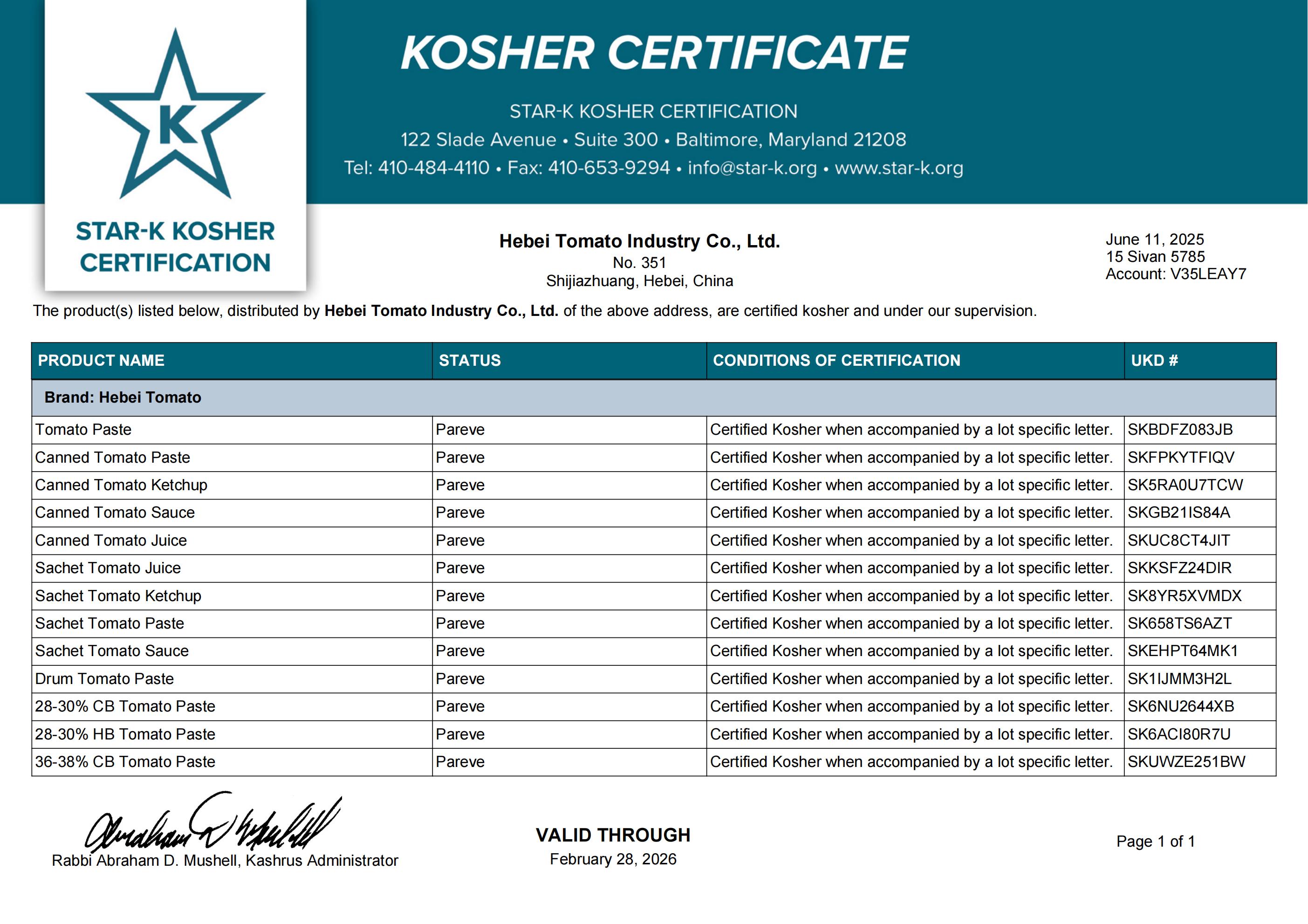 KOSHER CERTIFICATE