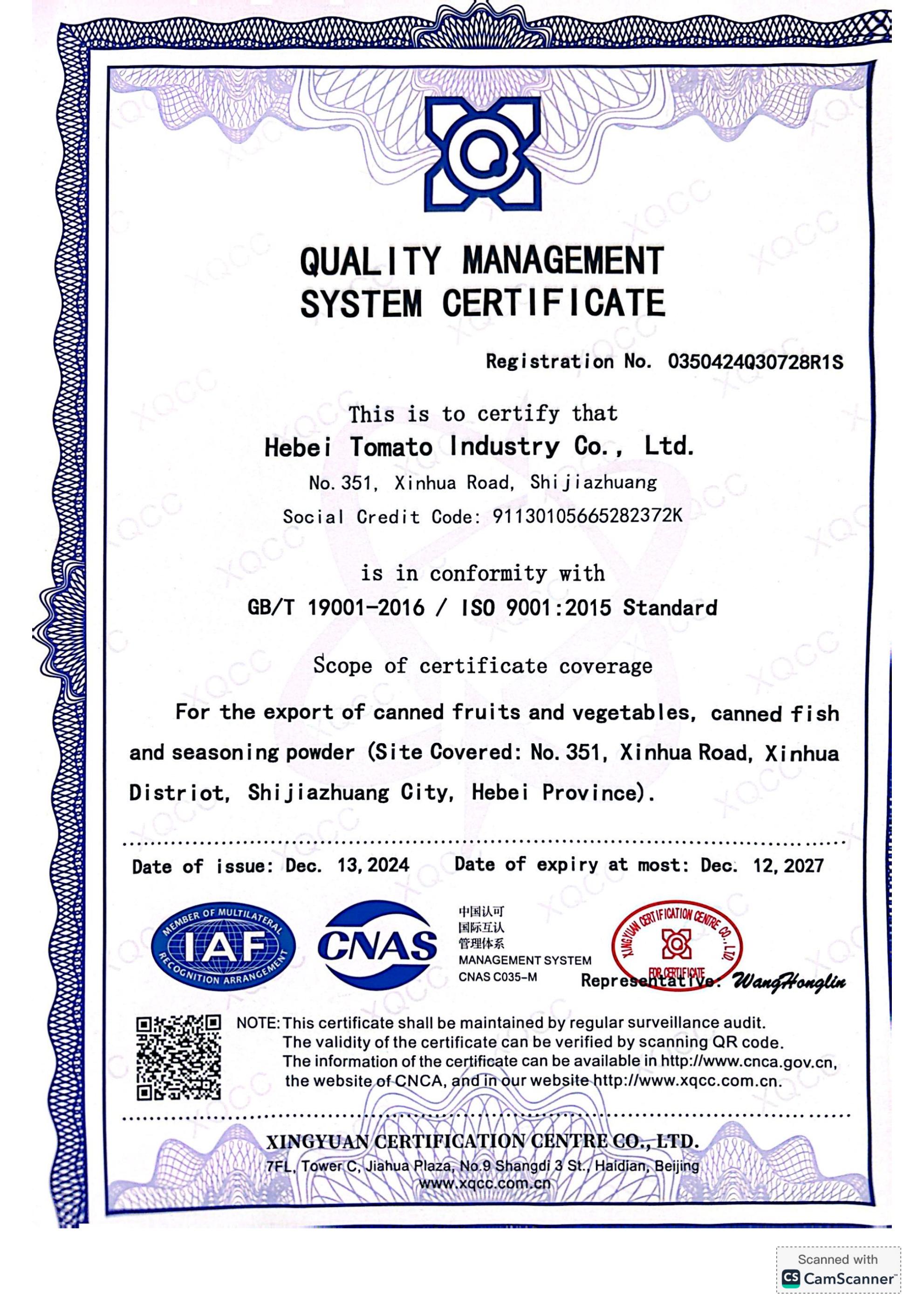 ISO:QUALITY MANAGEMENT SYSTEM CERTIFICATE