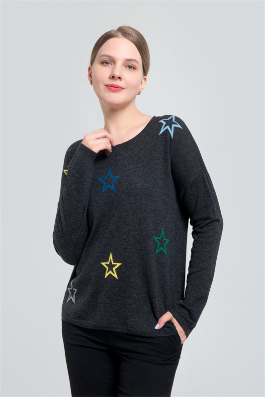 Ladies wool sweater with intarsia stars Ladies wool sweater with intarsia stars